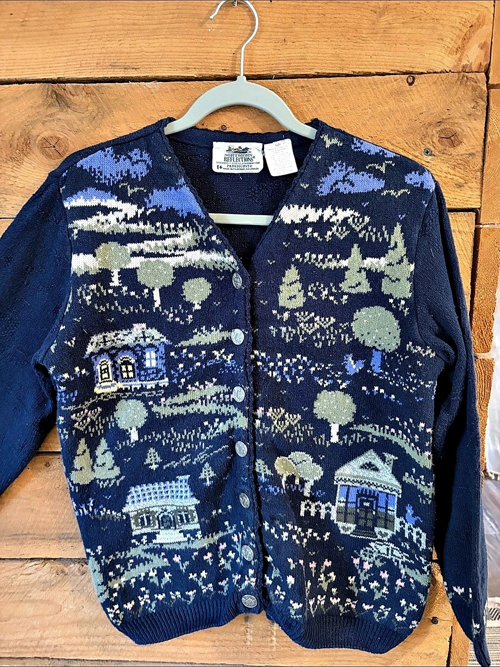 Northern Reflections Vintage Village Cardigan Sweater Blue & Green Small